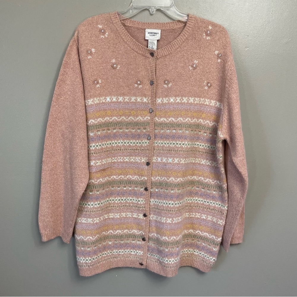 Vtg Angora blend Sweater Womens 1X Cardigan Koret feminine blush pink Grandma